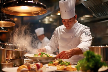Chef preparing gourmet dishes in professional restaurant kitchen with steaming pots