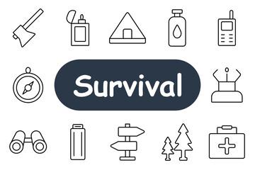 Survival set icon. Axe, lighter, tent, water bottle, radio, compass, binoculars, battery, signpost, trees, first aid kit. Essential items for outdoor survival, camping, and navigation.