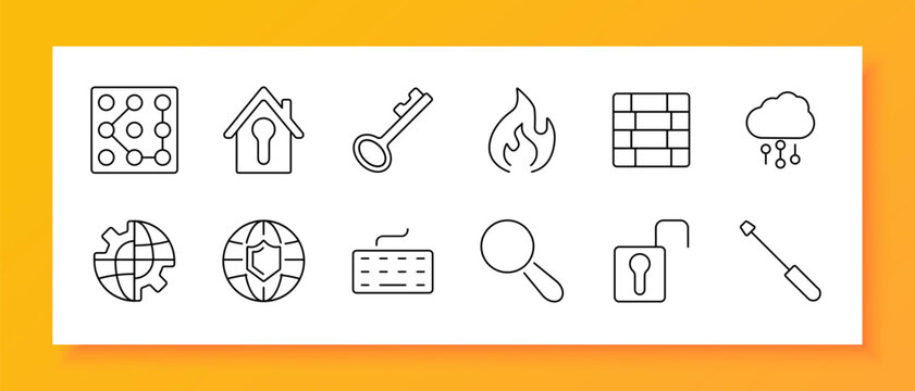 Security set icon. Lock pattern, house, key, firewall, cloud, shield, keyboard, magnifier, screwdriver. Icons related to security measures, online protection, and data safety