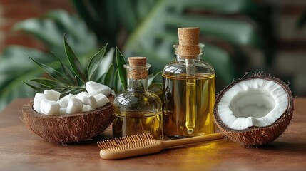 Coconut oil and natural beauty products arranged on wooden table with greenery background