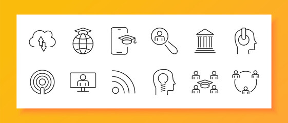 Education and online learning set icon. Cloud download, globe with graduation cap, smartphone with hat, student search, library, headset, lecture, broadcast, idea, classroom, graduation