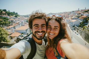 Happy couple taking selfie on vacation with scenic cityscape in background on sunny day