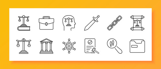 Law and justice set icon. Scales of justice, briefcase, law in mind, sword, chain, legal document, courthouse, sheriff badge, judge hammer, warning magnifier, legal folder