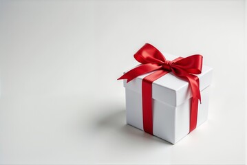 Obraz premium A white gift box with a red ribbon and bow on white