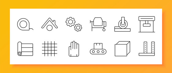 Construction and building set icon. Measuring tape, roof, gears, cement mixer, roller, toolbox, fabric, hand, conveyor, block, brackets