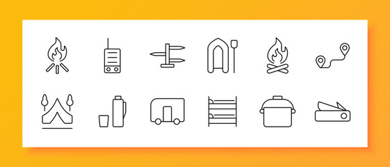 Camping and outdoor set icon. Campfire, walkie-talkie, signpost, raft, bonfire, route map, tent, thermos, caravan, bunk bed, pot, pocket knife
