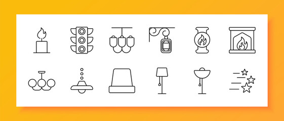 Lighting and signal set icon. Candle, traffic light, street lamps, hanging lantern, fire torch, fireplace, chandelier, ceiling light, spotlight, table lamp, wall lamp, starlight