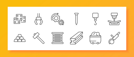 Construction set icon. Measuring tape, house, steel beam, gears, mixer, conveyor, wire mesh, roller, blueprint, hand. Icons represent tools and materials used in construction and building projects