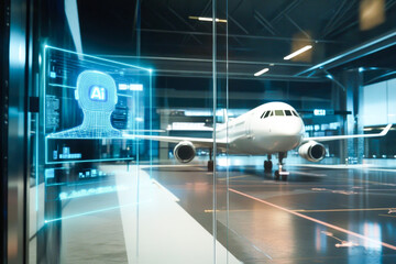 Futuristic airport terminal with ai hologram and airplane displaying advanced technology