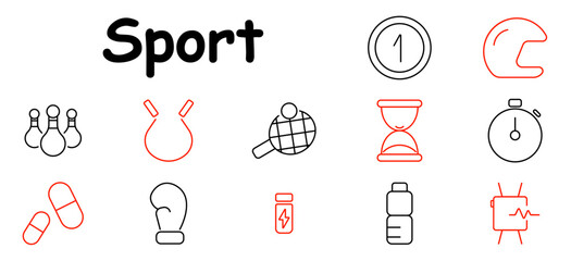 Sport set icon. Bowling pins, jump rope, table tennis, timer, stopwatch, helmet, boxing glove, supplements, energy drink, water bottle, hourglass