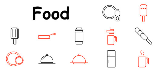 Food set icon. Ice cream, plate, pan, water bottle, hot drink, refrigerator, serving dish, coffee, frozen treat, meal