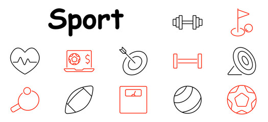 Sport set icon. Heart rate, laptop with dollar, target, dumbbell, golf flag, table tennis, football, scale, soccer ball, goal