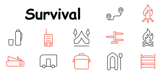 Survival set icon. Thermos, radio, tent, location, campfire, direction signs, knife, trailer, pot, inflatable boat, bunk bed