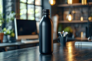 Black Matte Bottle on a Wooden Table in a Modern Office Setting