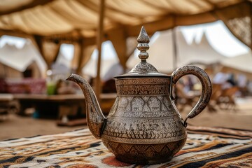 Ornate Silver Teapot on Patterned Rug with Tent Background