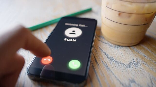 A hand about to press the decline button on an incoming scam call notification, capturing the theme of protecting privacy and avoiding fraud.