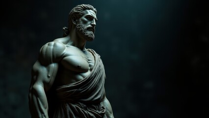 Detailed sculpture of a bearded man with defined muscles, captured with a banner stoic background, representing timeless strength.
