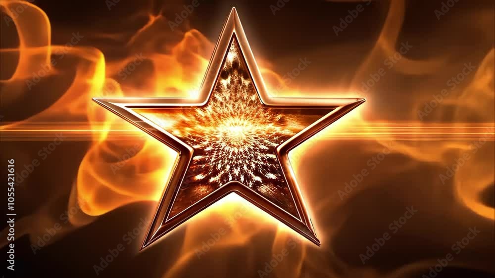 Poster a glowing star surrounded by flames, creating an intense and dynamic visual effect.