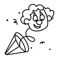 A hand drawn icon of party popper with clown head, 

