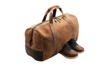 Naklejka premium Stylish leather duffel bag paired with classic brown shoes ready for a weekend getaway