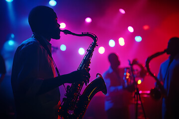 A vibrant and energetic scene captures the essence of an International Jazz Festival, with musicians passionately performing on stage under colorful light