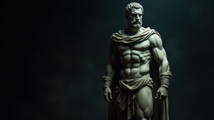 Statuesque male form in a dynamic pose, draped with a cloak, set against a banner stoic background, symbolizing power and calm.