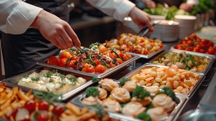 A close up of a buffet line with various dishes of food.