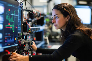 Innovative female engineer analyzing data on advanced computer equipment in modern technology laboratory