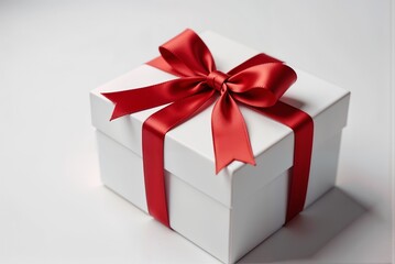 Obraz premium A beautiful white gift box adorned with a vibrant red ribbon and bow
