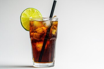 A refreshing iced beverage served with a lime wedge and a straw on a simple background