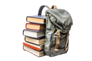 A cozy backpack leans against a vibrant stack of books, perfect for study sessions