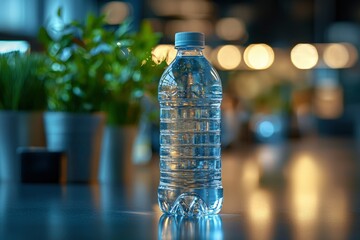 A Close-Up View of a Plastic Water Bottle on a Table