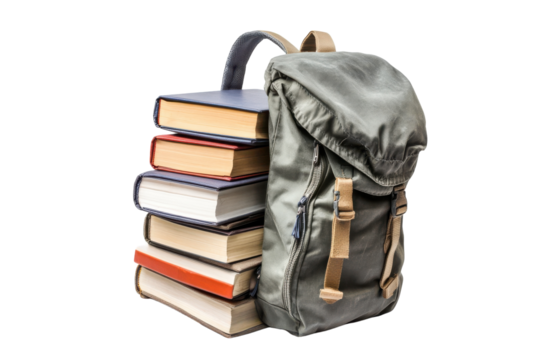 A cozy backpack leans against a vibrant stack of books, perfect for study sessions