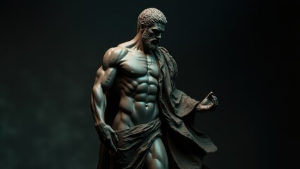 Detailed sculpture of a bearded man with defined muscles, captured with a banner stoic background, representing timeless strength.