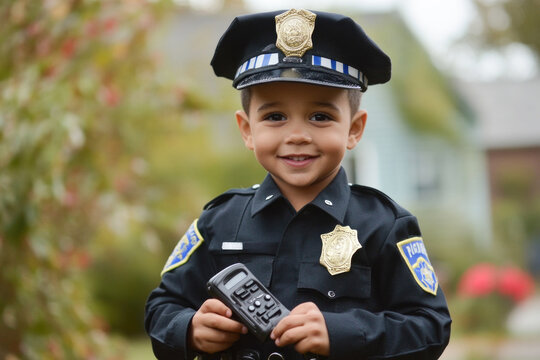 Young child in police costume smiling outdoors with toy radio