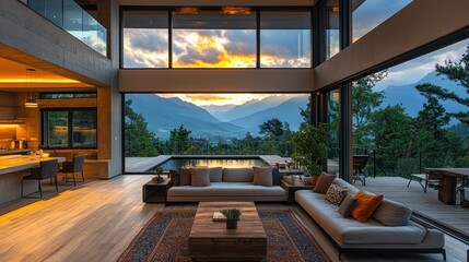 Open-concept mountain home with panoramic views, where global illumination enhances the natural lighting.