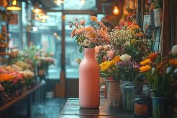 Fototapeta premium Pink Milk Bottle with Pink and Yellow Flowers in a Flower Shop