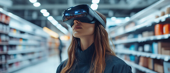 Woman Experiencing Virtual Reality in a Supermarket Aisle
