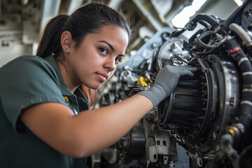 Focused female mechanic working on aircraft engine in industrial workshop