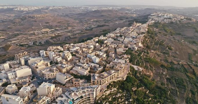Aerial view cityscape of Zebbug island of Gozo Malta. Urban landscape street historical architecture of the city in the Mediterranean. High quality 4k footage