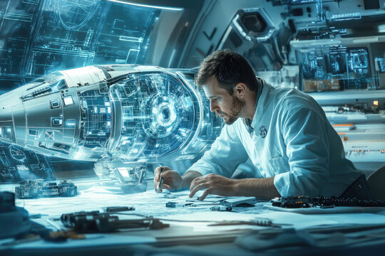 Engineer designing futuristic spaceship prototype in high-tech laboratory setting