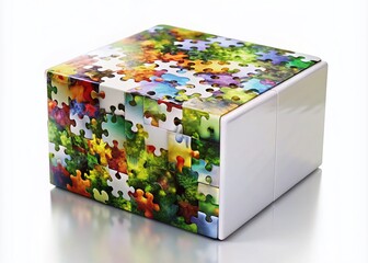 Obraz premium Double Exposure Mock-Up of a White Puzzle Box with Interconnected Pieces for Creative Presentations