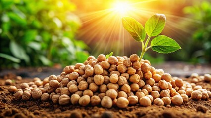 Fototapeta premium Double Exposure of Raw Whole Dry Brown Chickpeas with Nature Elements for Organic Food Photography