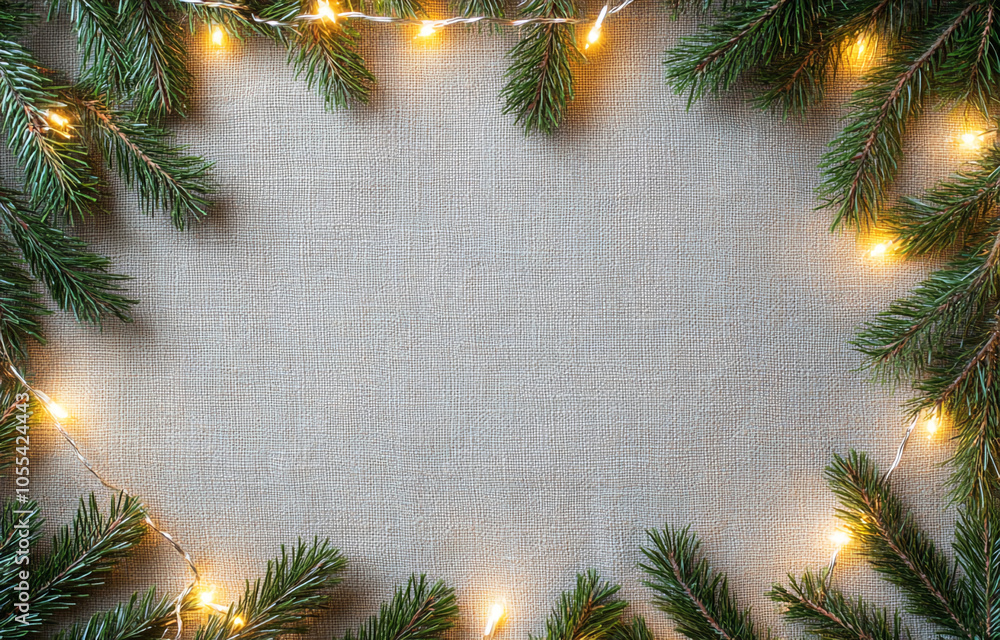 Aufkleber A simple Christmas background with a string of lights wrapped around pine branches on a neutral fabric background