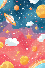 Obraz premium A charming space-themed 2D vector background with pastel colors, ideal for children’s projects, storybooks, and digital art. A dreamy and fun illustration for creative designs