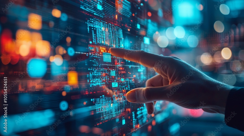 Poster hand interacting with digital interface in futuristic environment