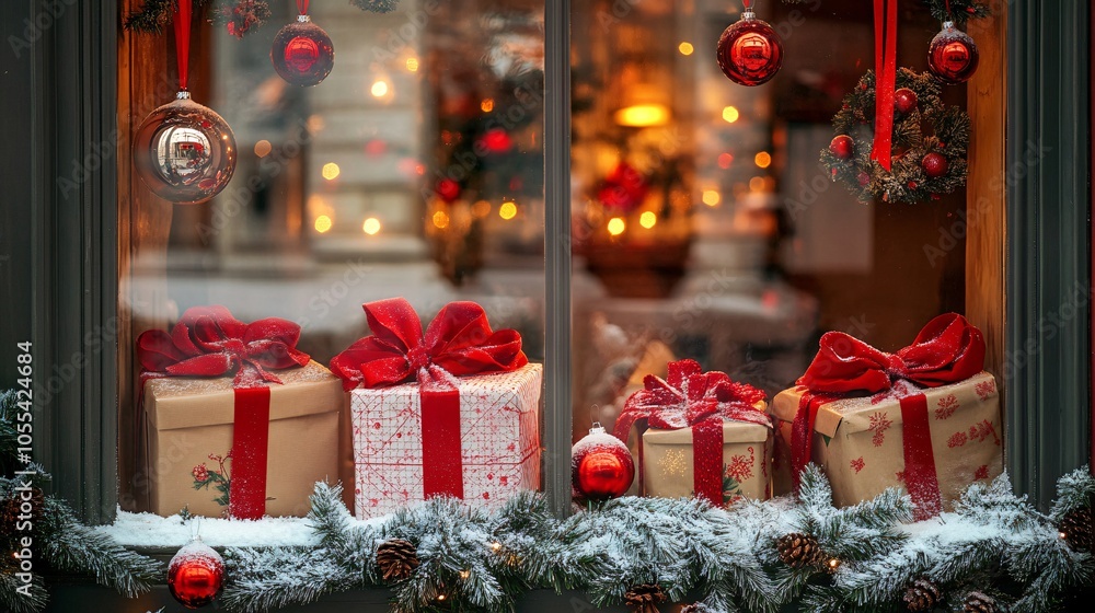 Poster christmas presents waiting in snowy shop window display