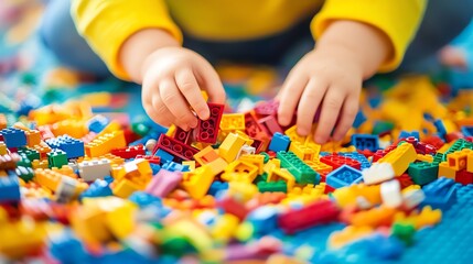 A little girl playing with colourful toy building blocks.
