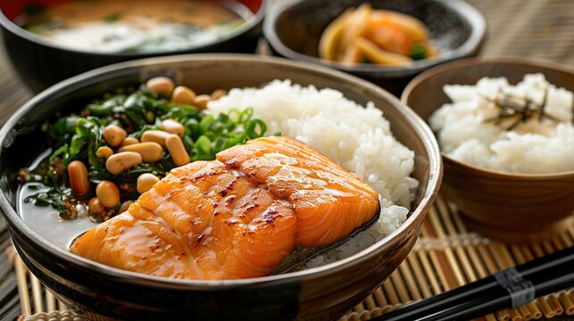 A Japanese meal set with grilled salmon, rice, and a bowl of miso soup, served on a bamboo mat.