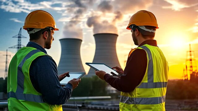 Power plant workers stand on the platform of a nuclear power plant, using tablets to monitor systems, with the cooling towers visible against a bright sunny backdrop